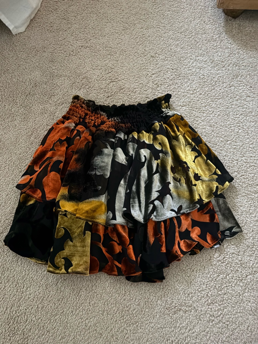 Caroline Constas Black, Gold & Orange Velvet Tiered Skirt